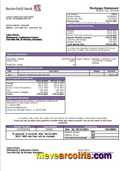 Barbados Butterfield bank mortgage statement